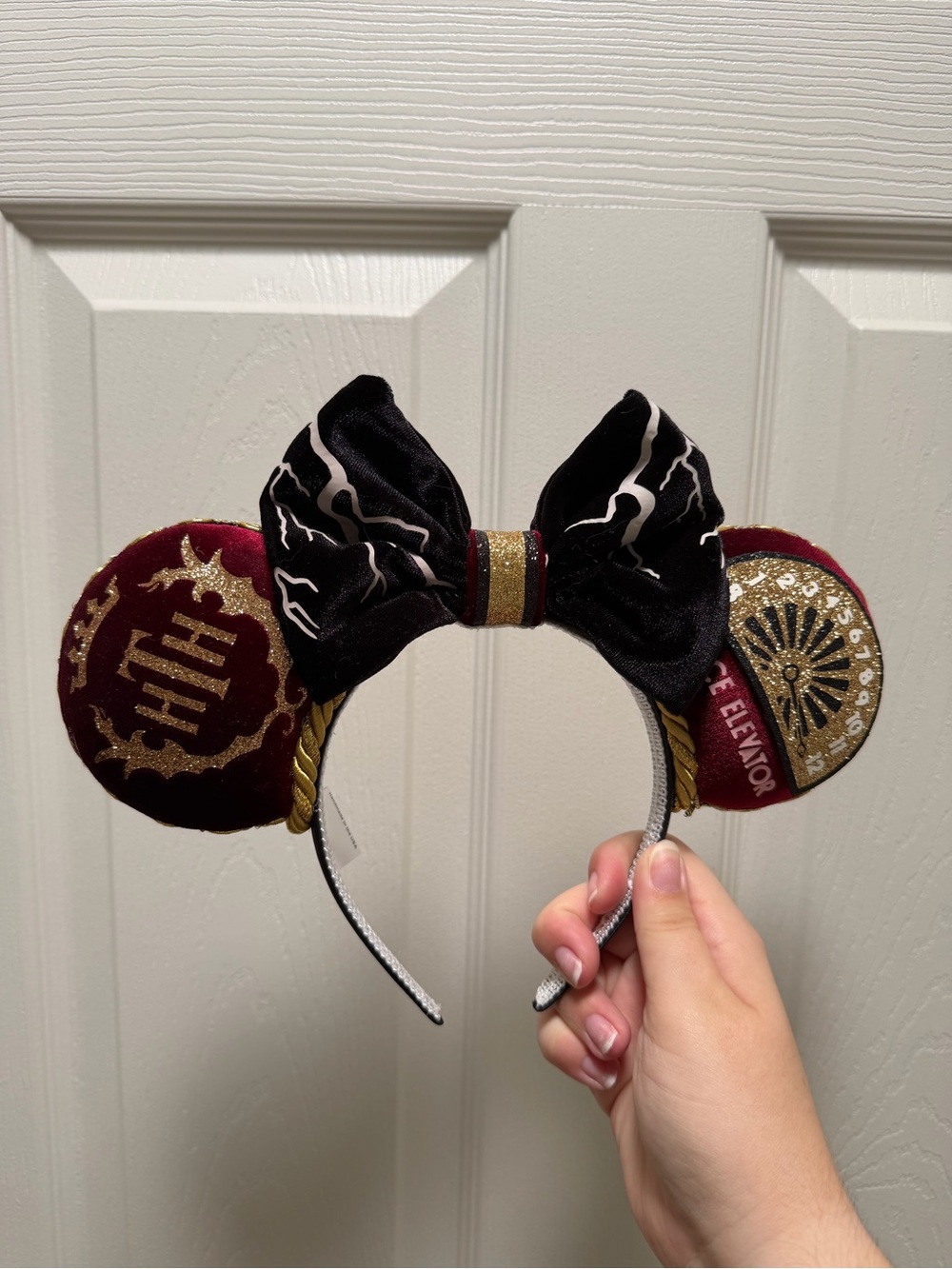 Handmade Gold & Burgundy Tower of Terror Minnie Ears Headband with Black Bow